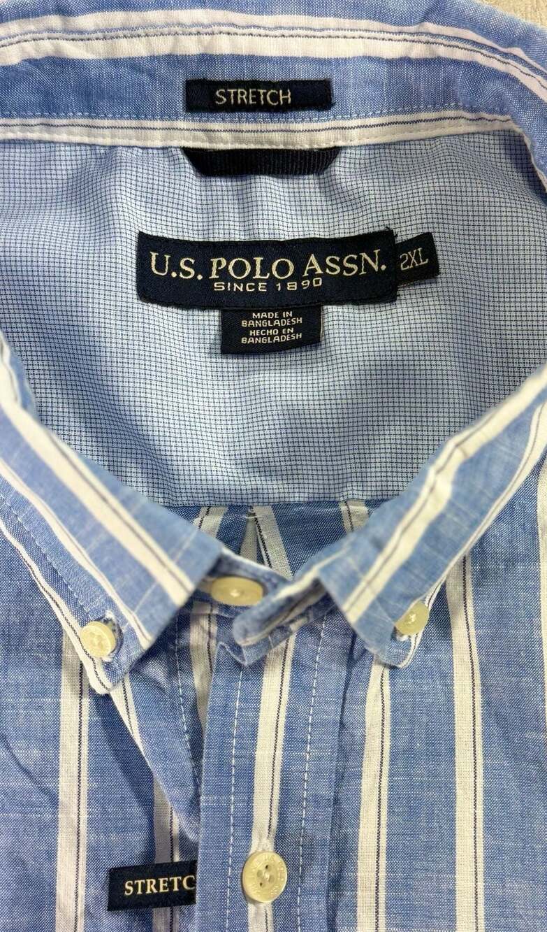 U.S. Polo Assn. Men's Blue White Striped Short Sleeve Stretch Button Down Shirt - Picture 5 of 6